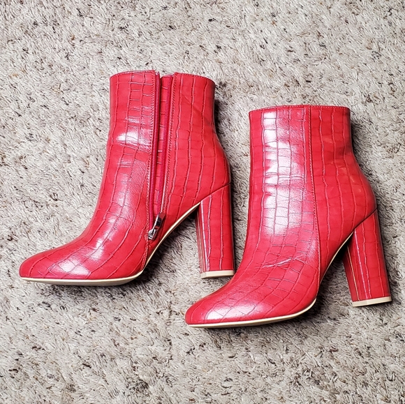 Red Faux Croc Ankle Booties - Picture 2 of 3